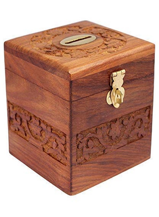 Giftoshopee Wooden Handmade Square Coin Bank with Lock (4x4x4-inches, Brown) - Image 1